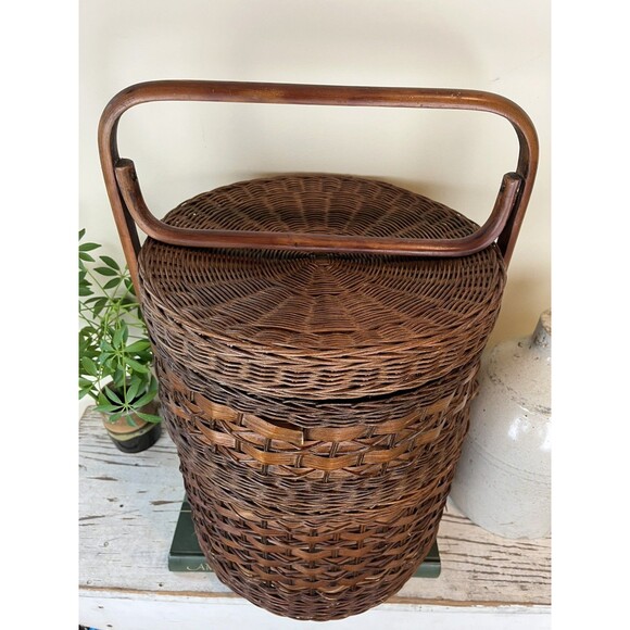 Vintage 2-Tier Chinese Asian Wedding Basket Woven Wicker Rattan Bamboo/Cane Boho - Picture 3 of 12